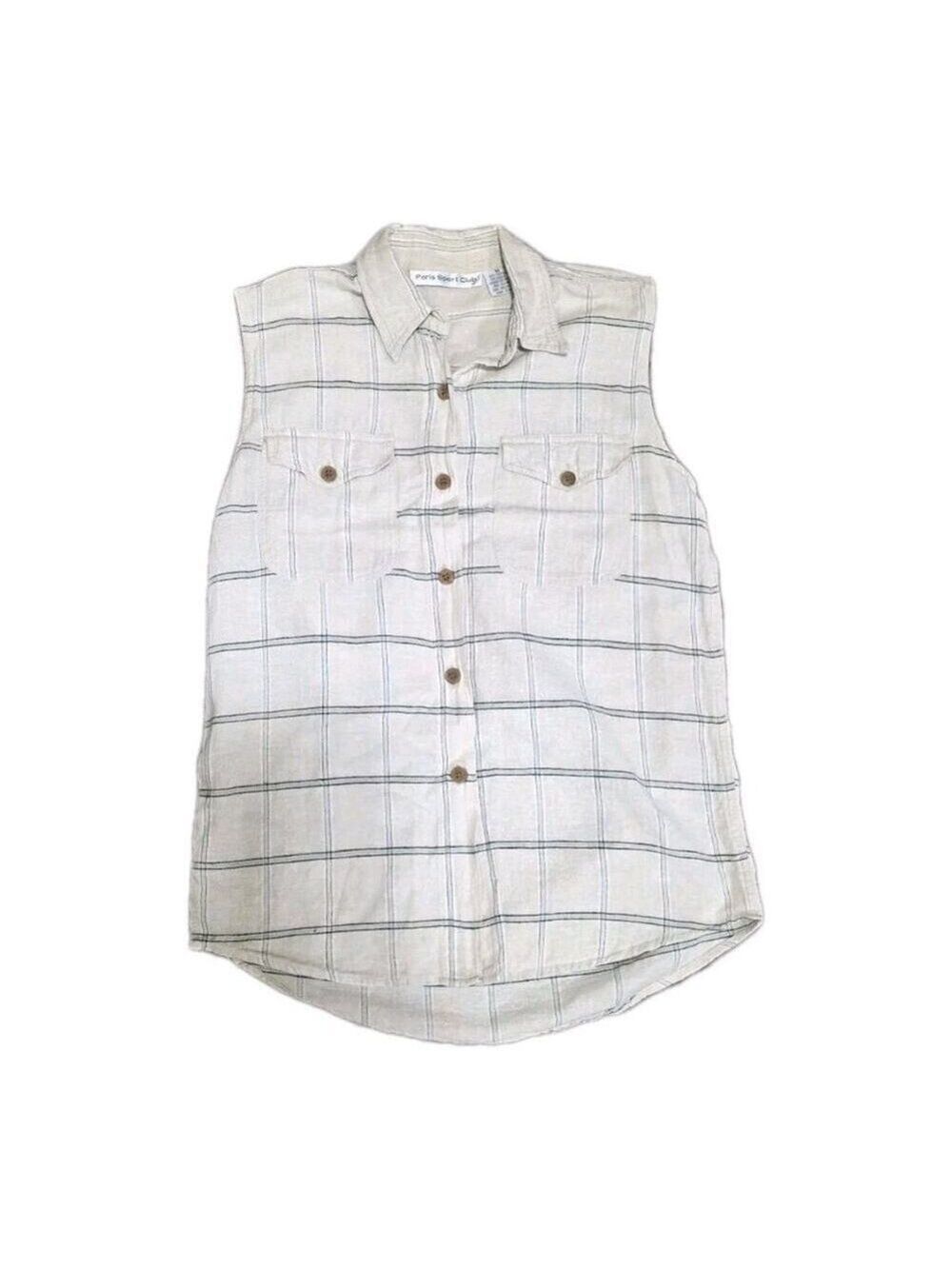 Paris Sport Club Women's Button Down Tank Linen And Cotton Blend Plaid